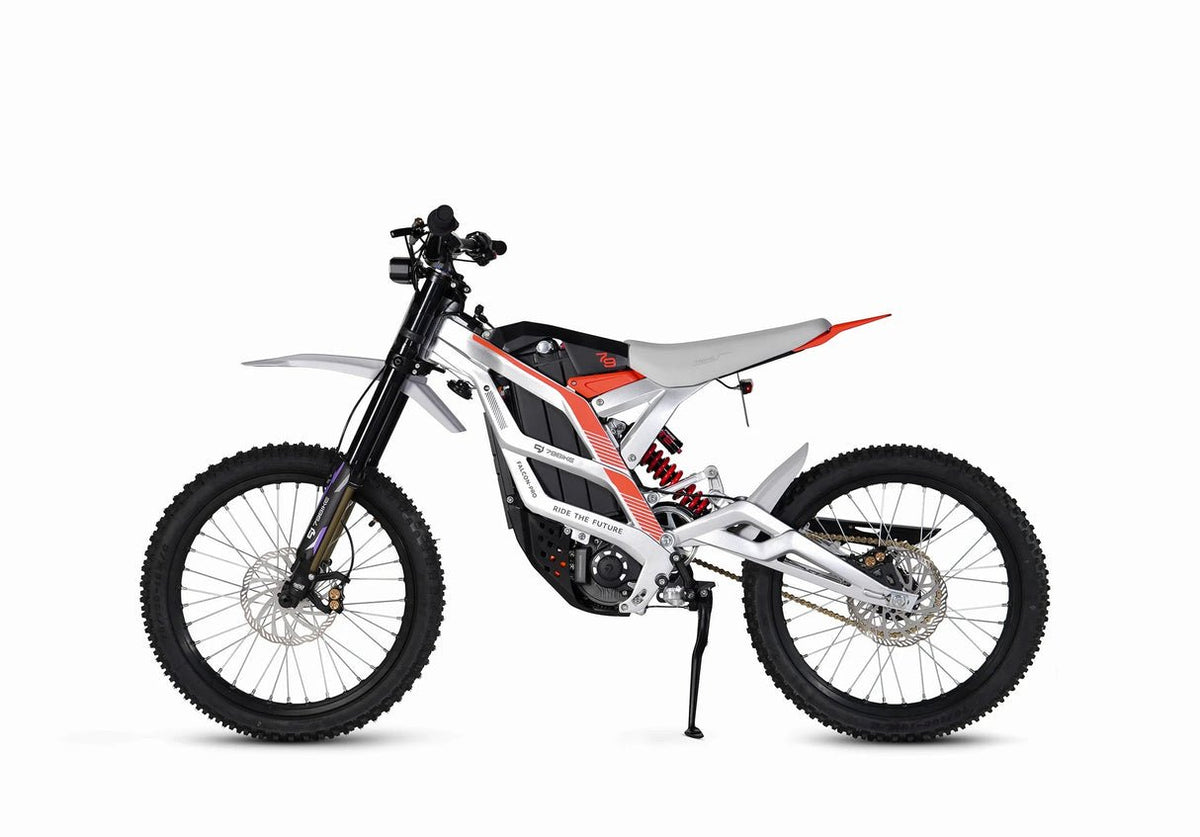 79BIKE Falcon Pro electric dirt bike seen from the side in white