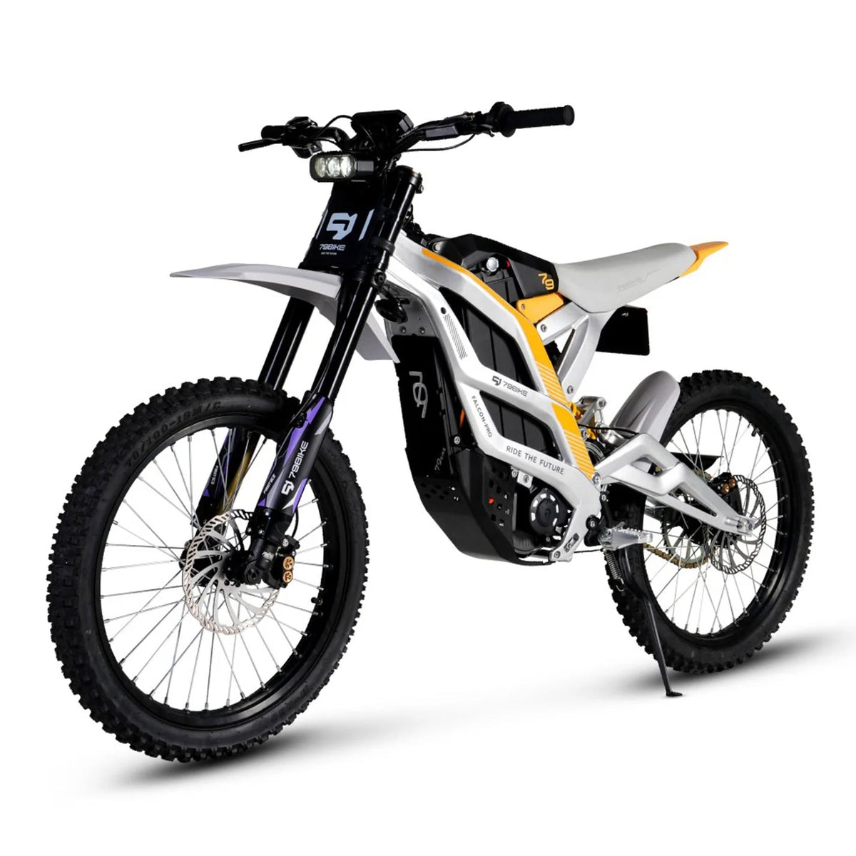 79BIKE Falcon Pro electric dirt bike, front three-quarter view in black