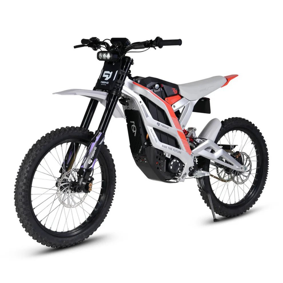 79BIKE Falcon Pro electric dirt bike, front three-quarter view in white