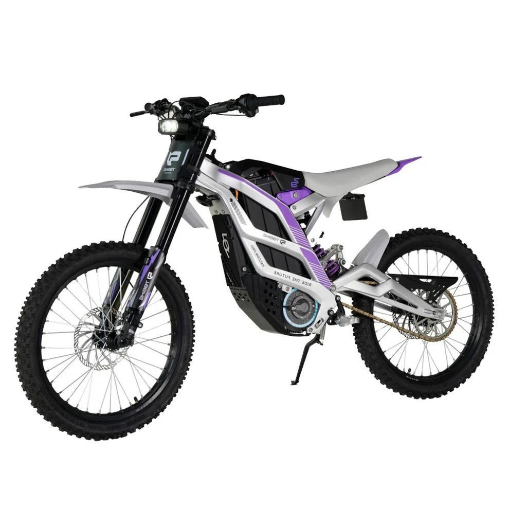 79BIKE Falcon Pro electric dirt bike, front three-quarter view in purple