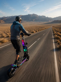 Man riding the APEFOX T90 ULTRA electric scooter on a road