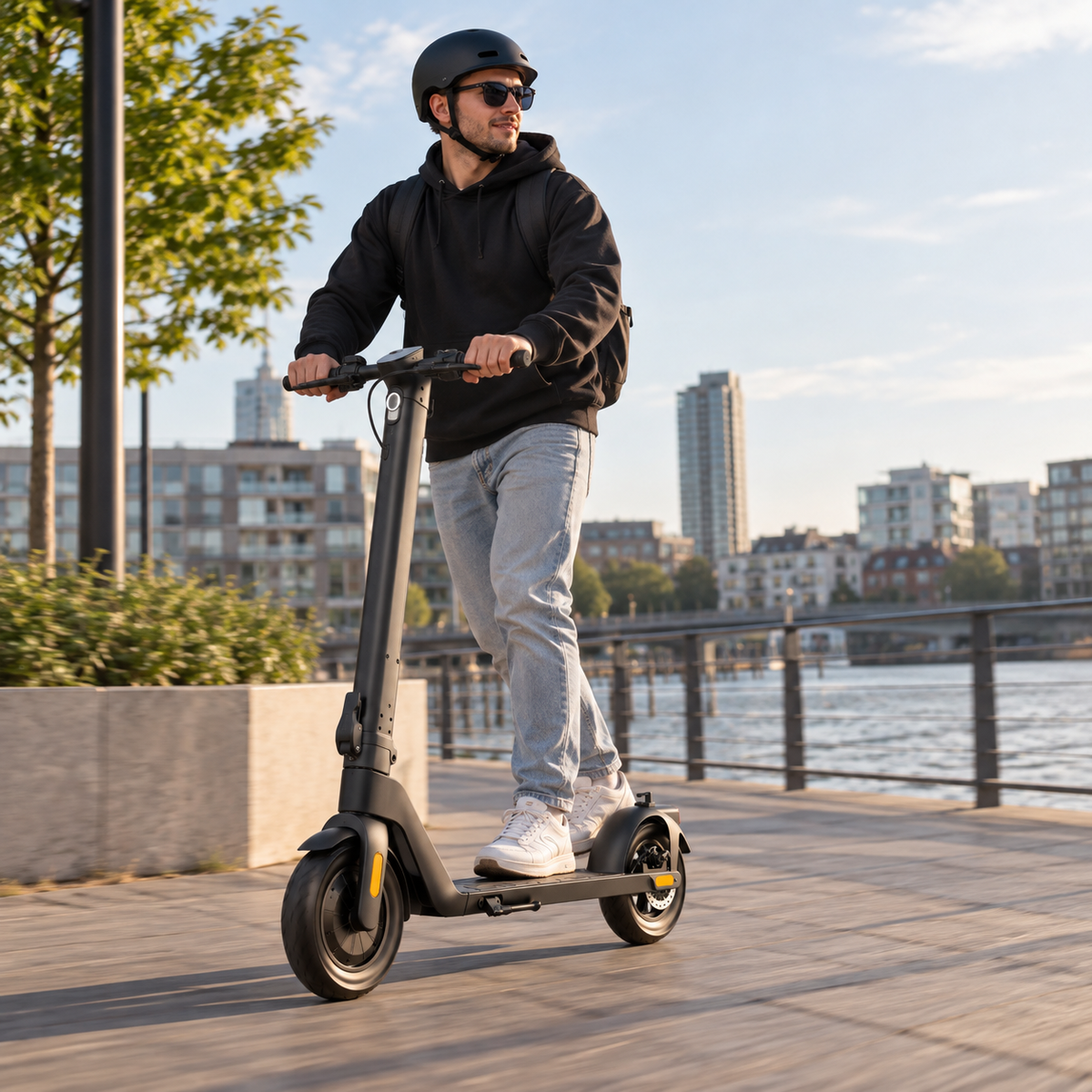 Man riding the HX D01 electric scooter on a footpath