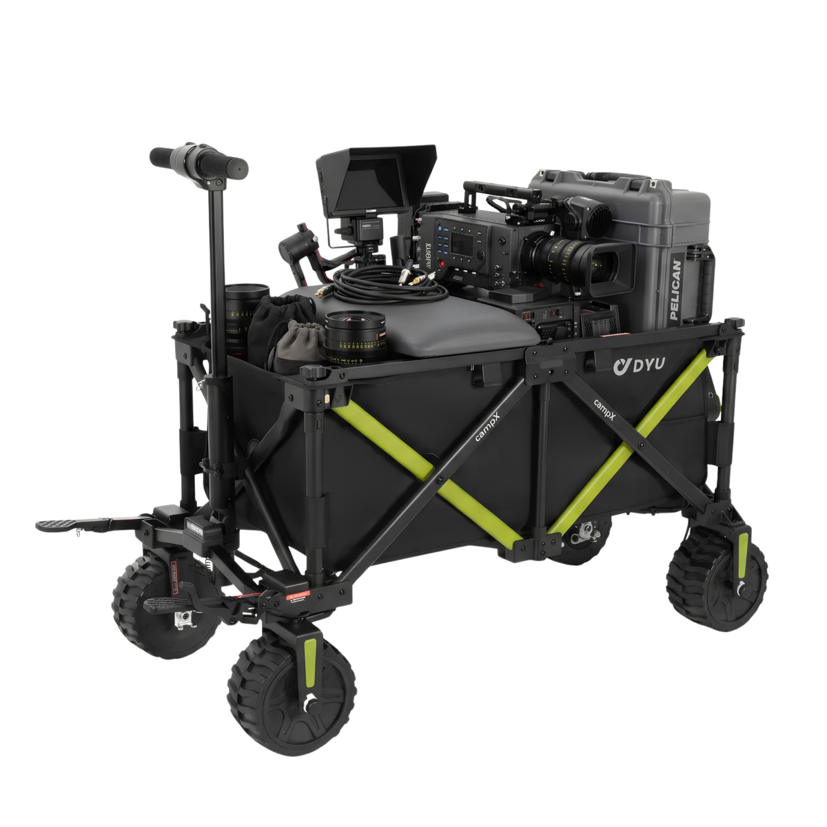 DYU CampX with camera gear, monitor, lens and a grey hard case in the wagon