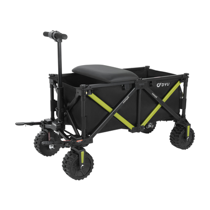 DYU CampX, black wagon with lime green cross braces, seat and handle, seen at an angle from the side