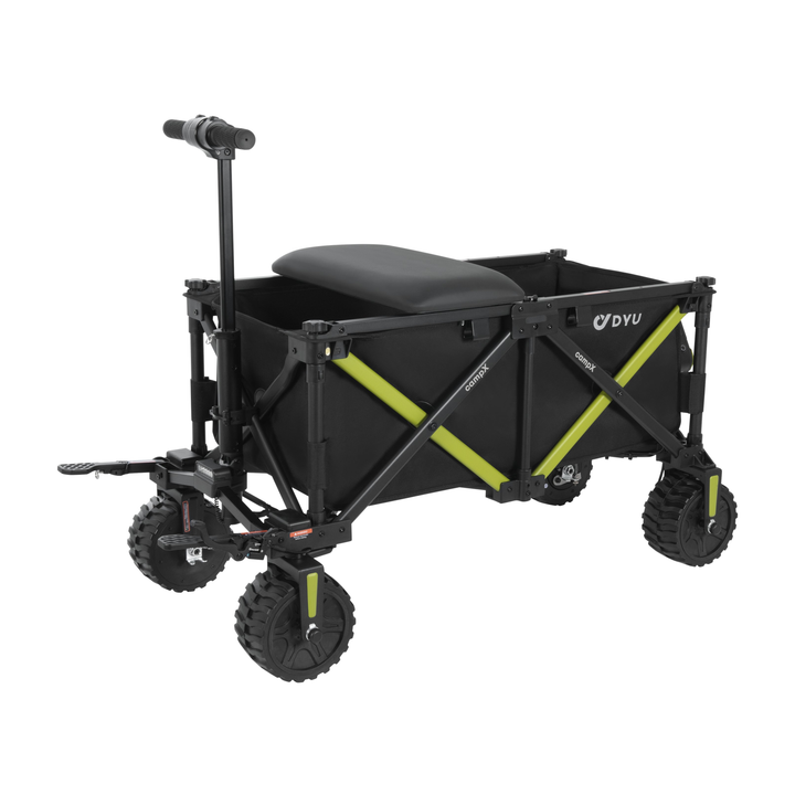 DYU CampX, black wagon with lime green cross braces, seat and handle, seen at an angle from the side