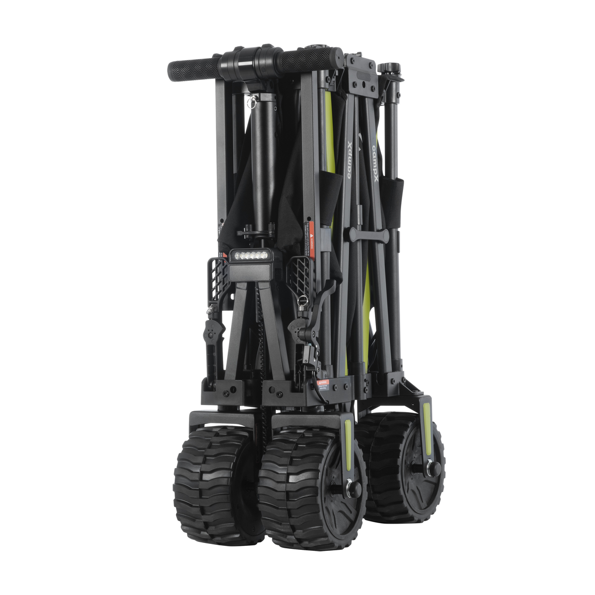 DYU CampX folded, with four chunky-tread wheels, handle at the top and a light