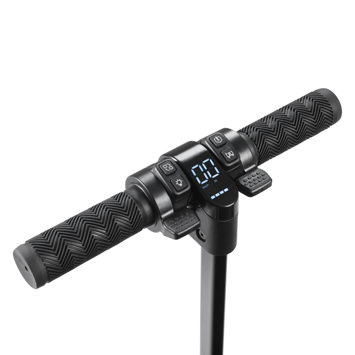 DYU CampX handlebar seen at an angle from above with display, buttons and grips