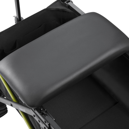 Close-up of a black padded surface on top of the DYU CampX and the fabric basket below