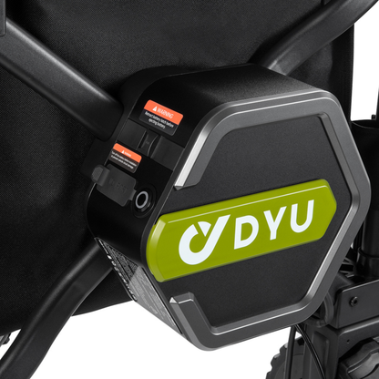 DYU CampX, close-up of hexagonal battery with DYU logo, warning labels and port on the frame