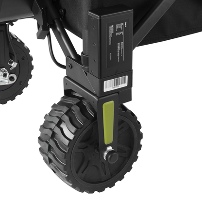 DYU CampX, close-up of wheel with black box with label and barcode and green detail on the wheel mount