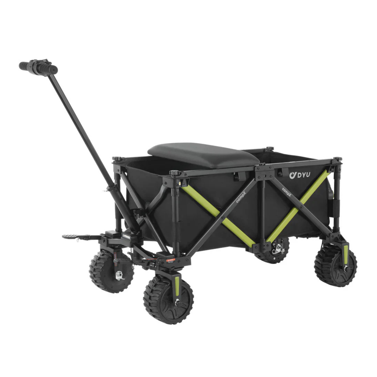 DYU CampX, black wagon with lime green bars, tow bar and dark lid, seen at an angle from the side