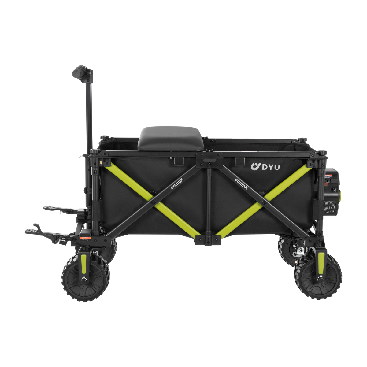 DYU CampX seen straight from the side with lime green cross braces, seat, handle and chunky-tread wheels