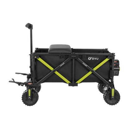 DYU CampX seen straight from the side with lime green cross braces, seat, handle and chunky-tread wheels