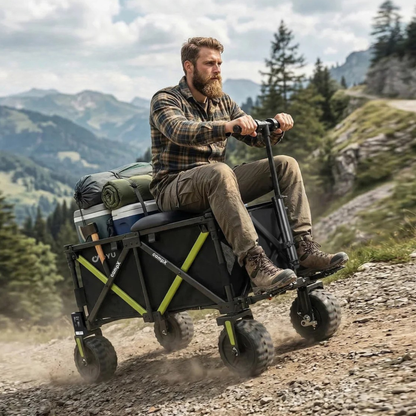 DYU CampX: man sitting on the loaded wagon on a gravelly mountain path