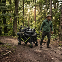 DYU CampX: man pulling the wagon loaded with camera gear along a forest path