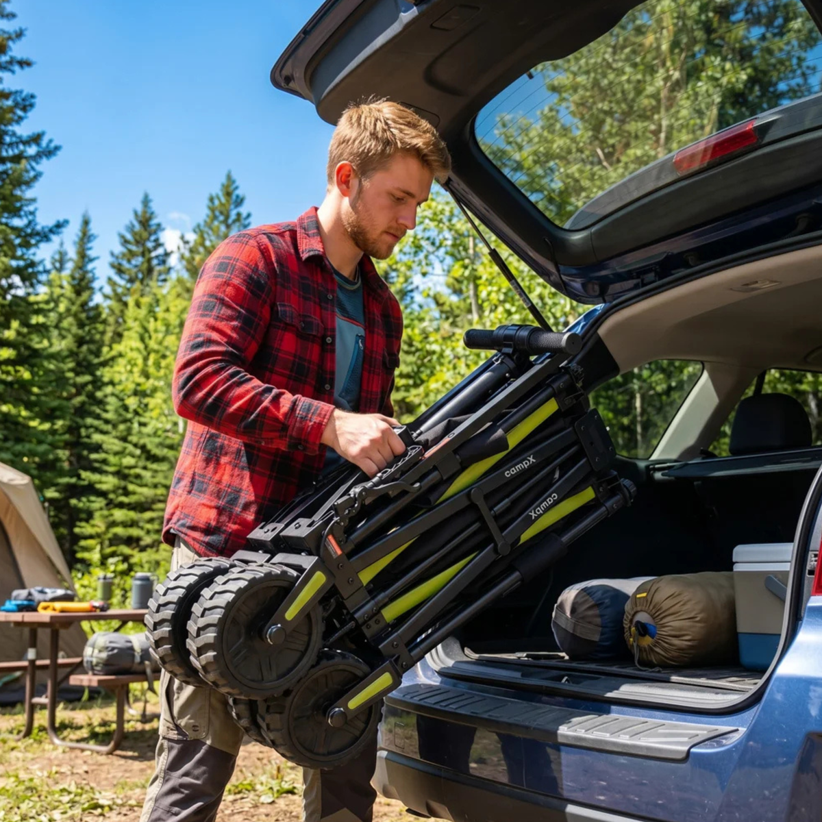 DYU CampX: man lifting the folded wagon into a car boot