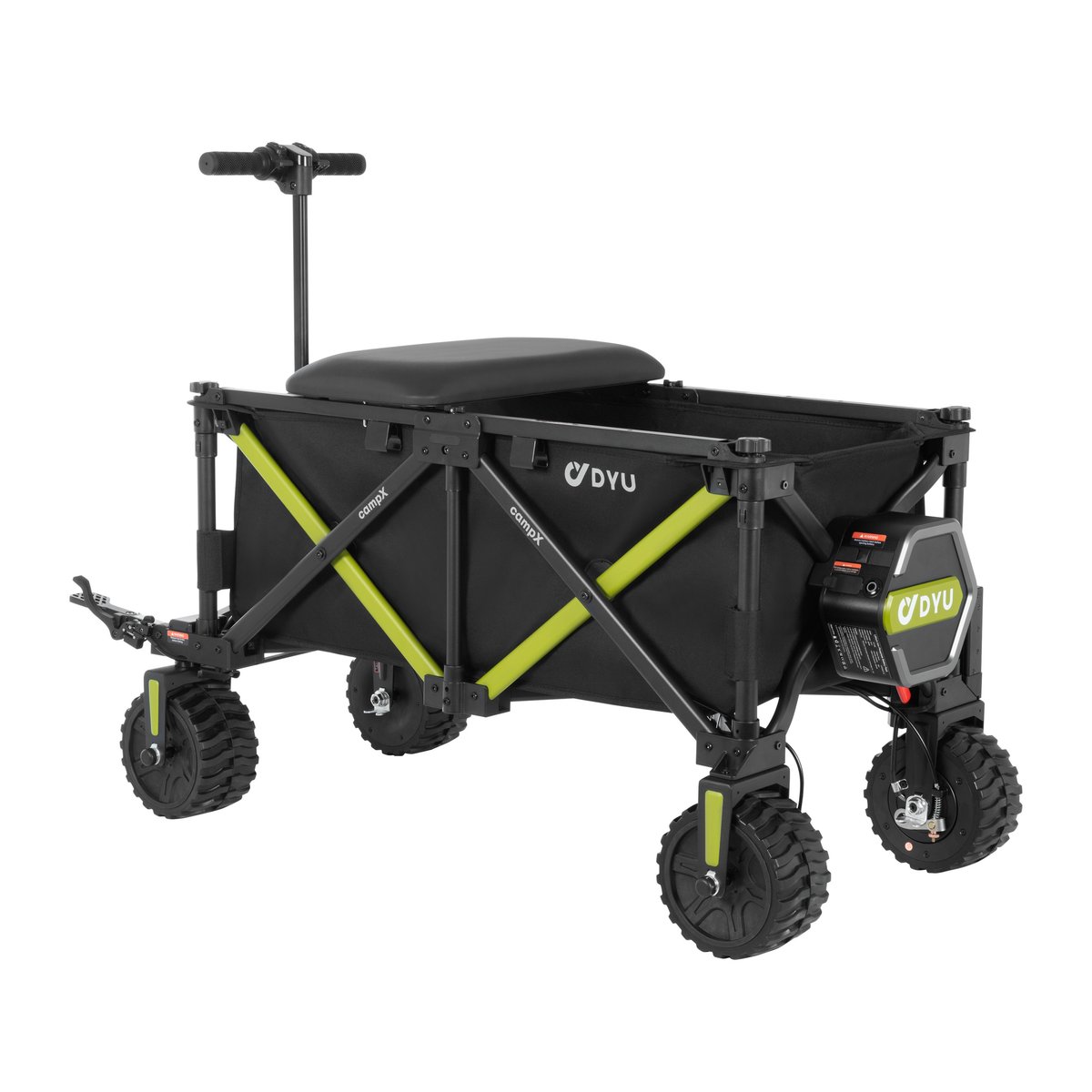 DYU CampX, black wagon with lime green cross struts, seat, handle and four chunky-tread wheels