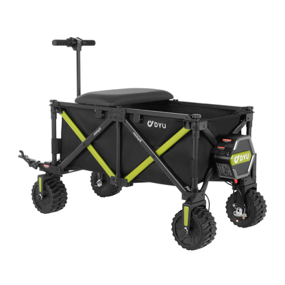 DYU CampX, black wagon with lime green cross struts, seat, handle and four chunky-tread wheels