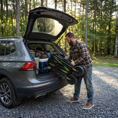 DYU CampX: folded wagon held in front of an open car boot