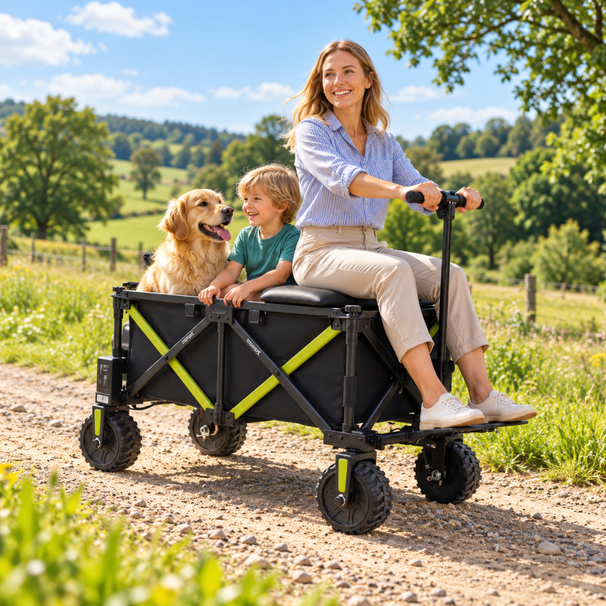 DYU CampX wagon on a gravel road with a woman sitting on the seat and a child and a dog in the wagon