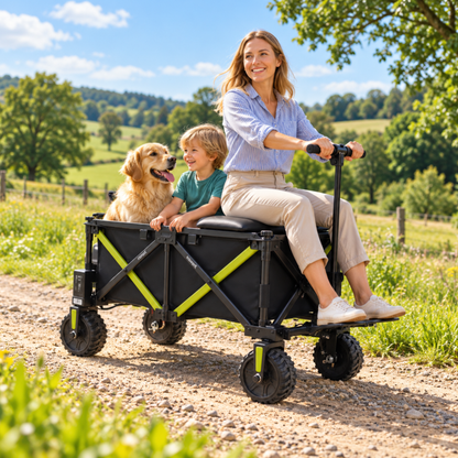 DYU CampX wagon on a gravel road with a woman sitting on the seat and a child and a dog in the wagon