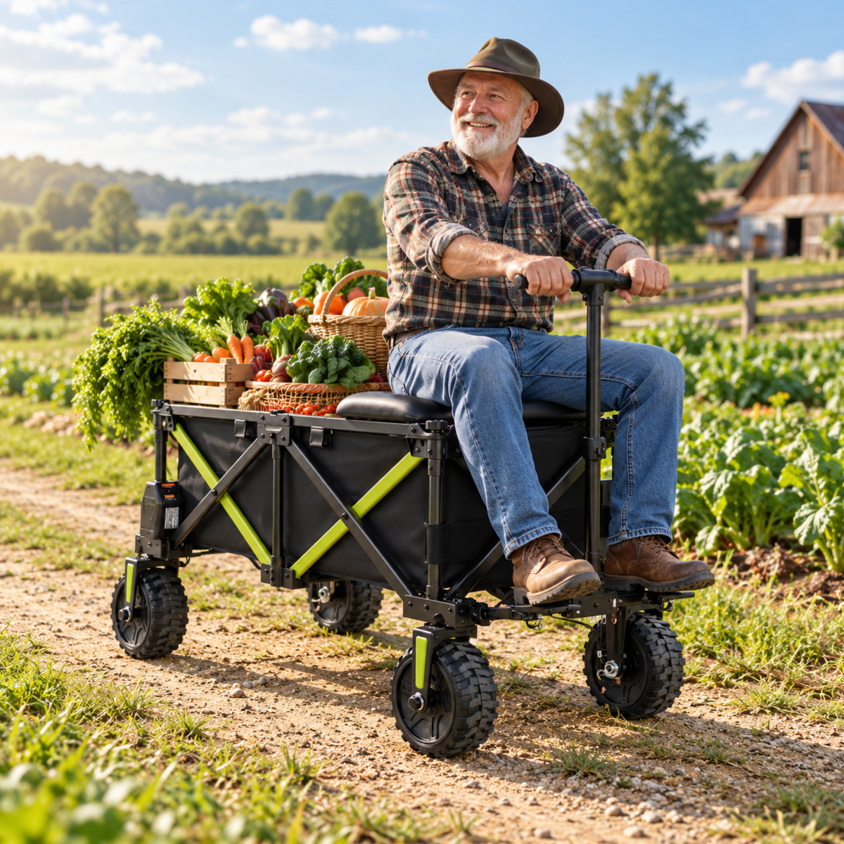 Man in a hat sitting on the DYU CampX wagon by a vegetable field, with vegetables on the wagon