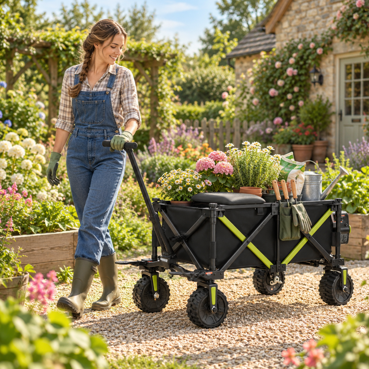 Black folding DYU CampX wagon with green details pulled by a woman through a garden, loaded with flowers and garden tools