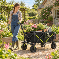 Black folding DYU CampX wagon with green details pulled by a woman through a garden, loaded with flowers and garden tools