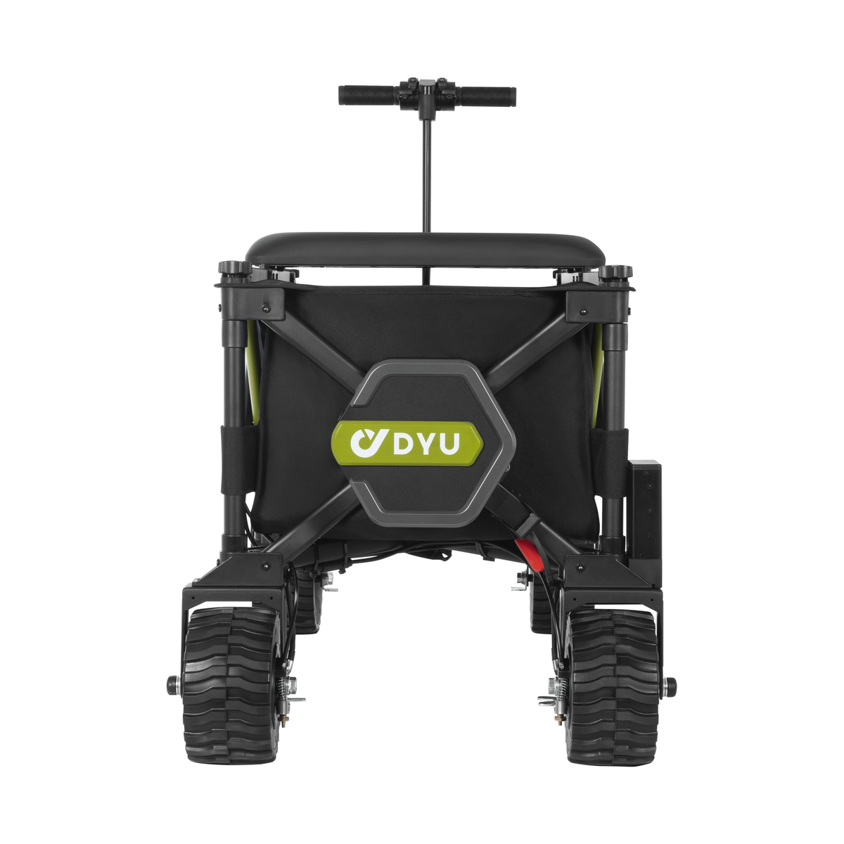 DYU CampX seen from the short end with hexagonal DYU box, seat, handle and wide wheels