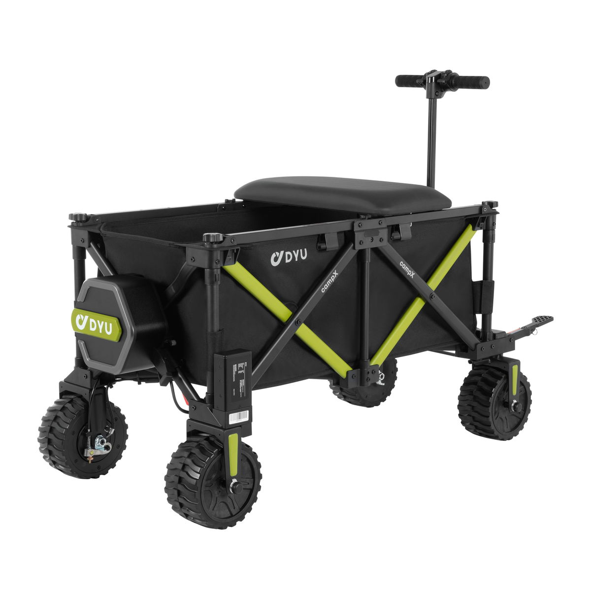 DYU CampX, black wagon with lime green cross struts, seat, handle and four chunky-tread wheels
