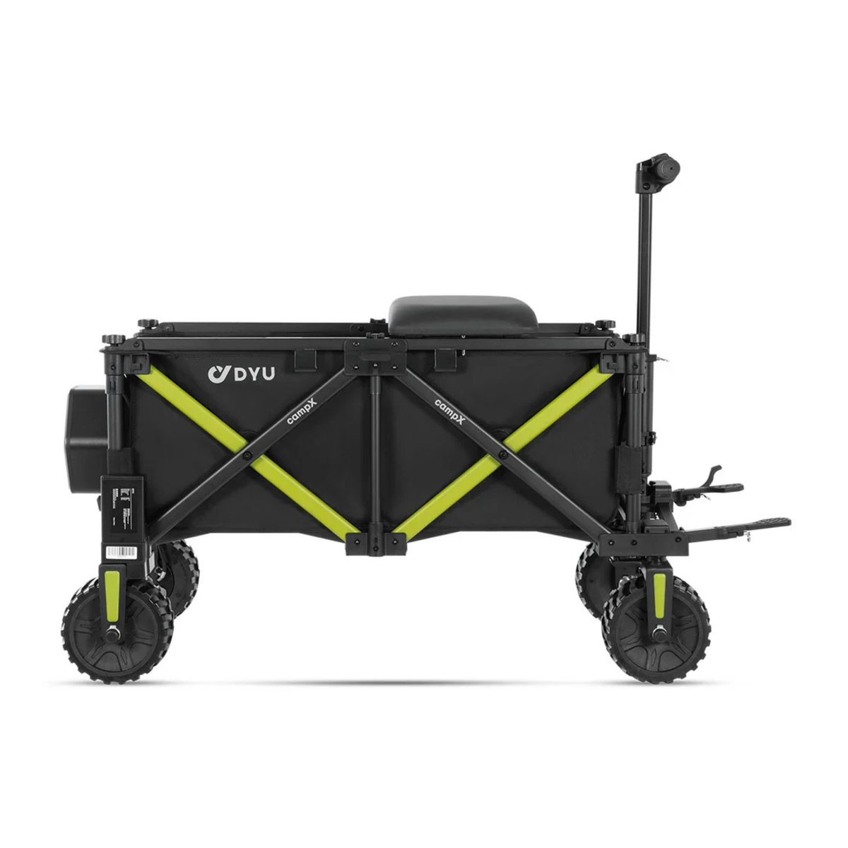 DYU CampX seen from the side with black basket, lime green cross struts, seat, handle and four wheels