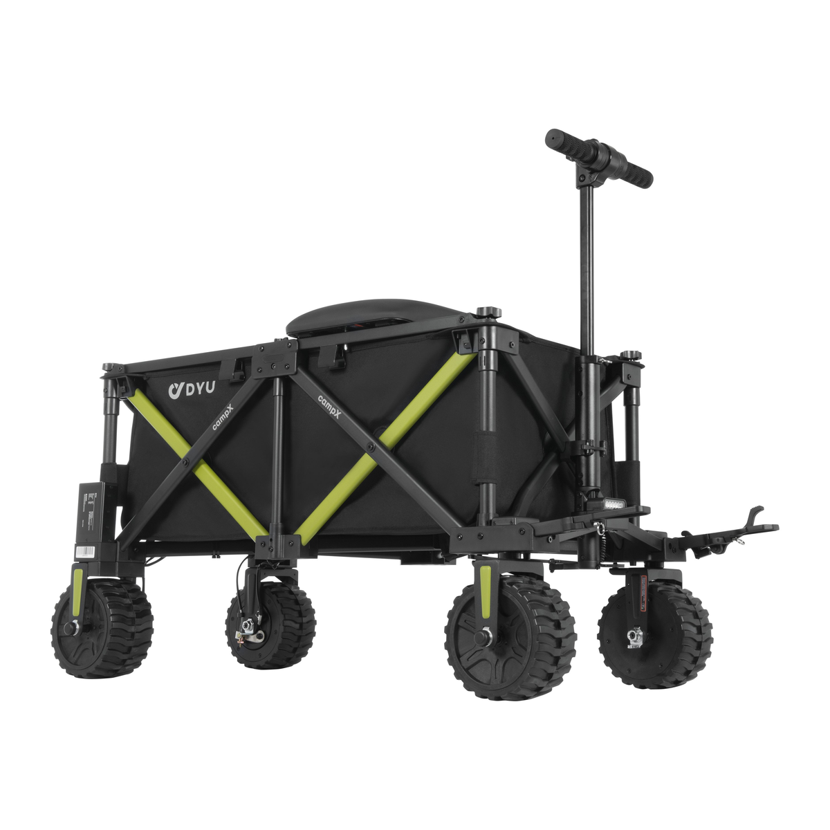 DYU CampX, black wagon with raised handle, lime green cross struts and four chunky-tread wheels