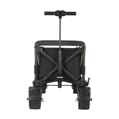 DYU CampX, black wagon with handle, seat, cross struts and wheels, seen from the short end