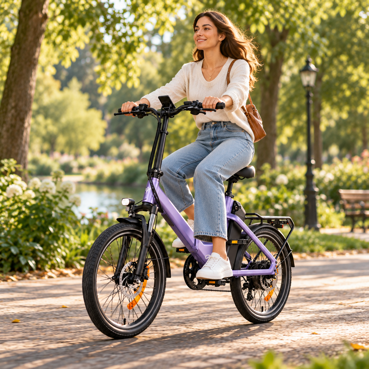 ENGWE O20 Boost, purple electric bike ridden by a woman on a park path, side view