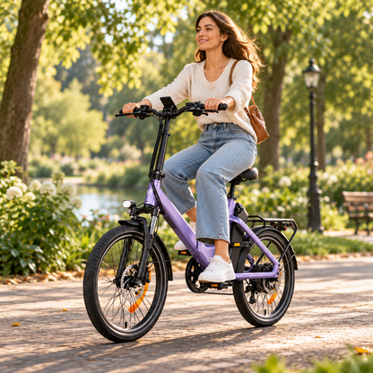ENGWE O20 Boost, purple electric bike ridden by a woman on a park path, side view