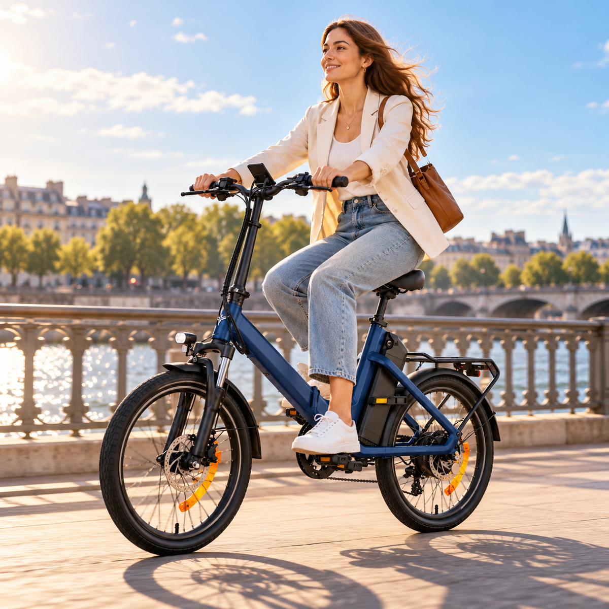 ENGWE O20 Boost, blue electric bike, side view with a woman riding by a river