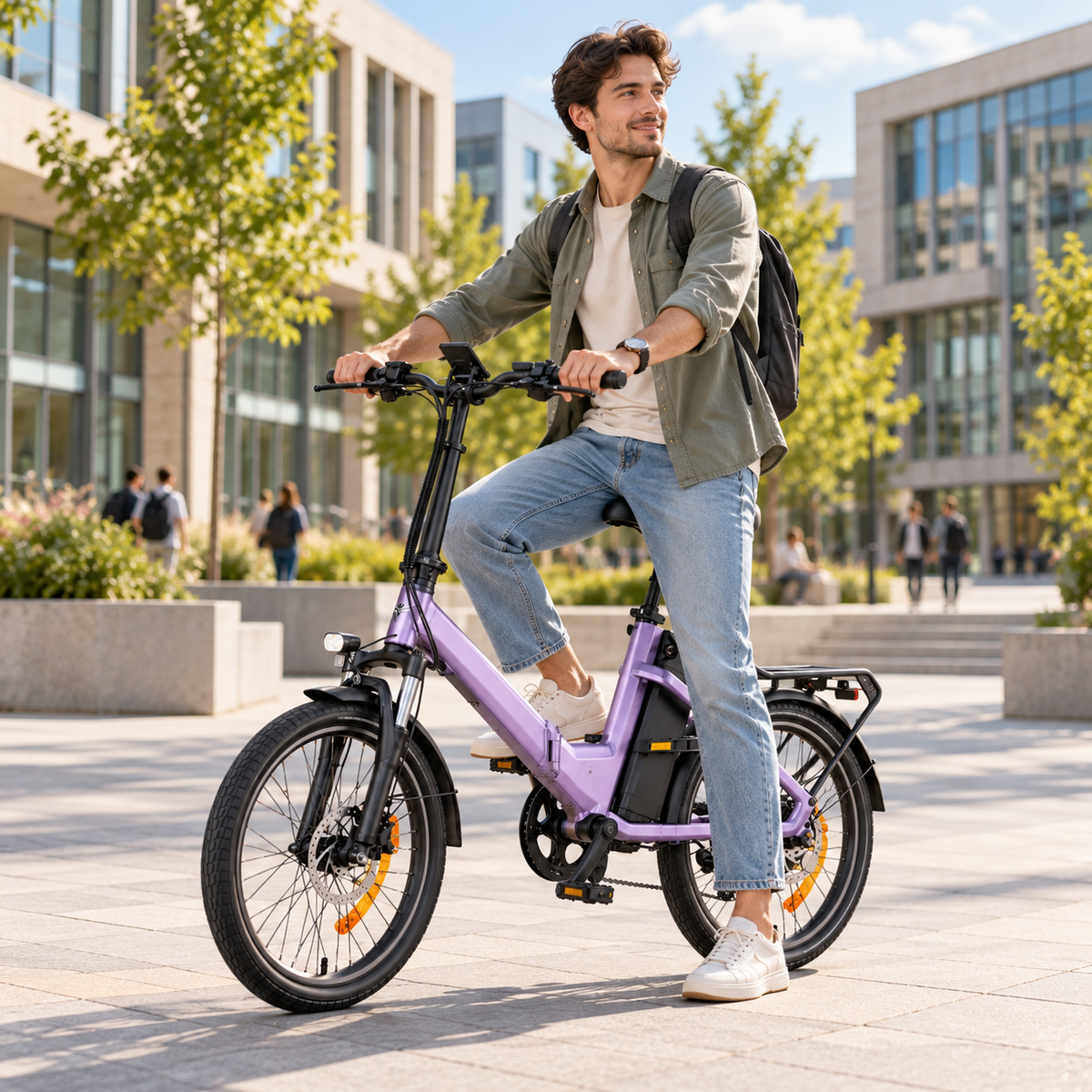 ENGWE O20 Boost, purple electric bike, side view with a man sitting on the bike in a square