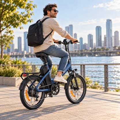 ENGWE O20 Boost: man with a rucksack riding a blue electric bike along a seafront promenade with a city skyline in the background