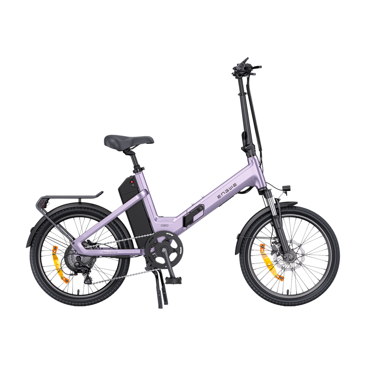 ENGWE O20 Boost electric bike in purple, side view, with black saddle, battery in the frame, rear rack and mudguards