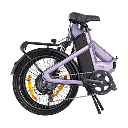 ENGWE O20 Boost in purple, folded and seen from the side with rear rack, battery in the frame and orange wheel reflectors