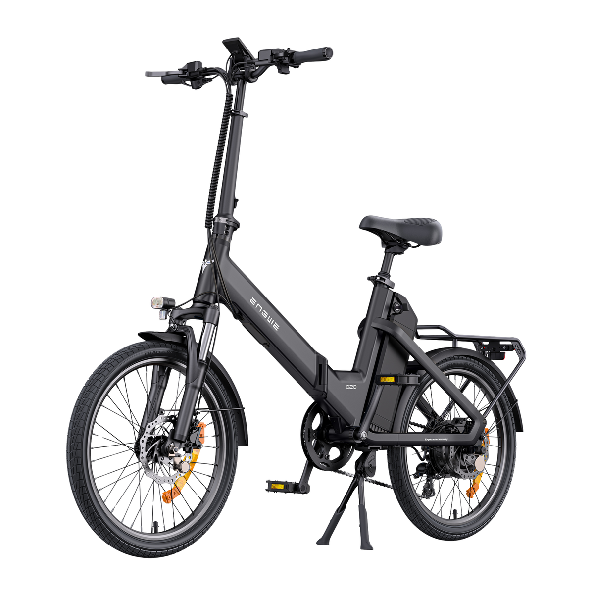 ENGWE O20 Boost in black, seen from the front at an angle with handlebar, display, headlight, rear rack and kickstand