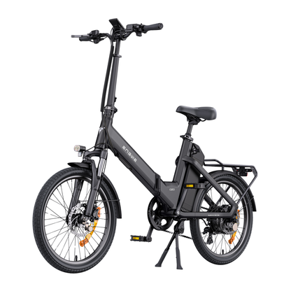 ENGWE O20 Boost in black, seen from the front at an angle with handlebar, display, headlight, rear rack and kickstand