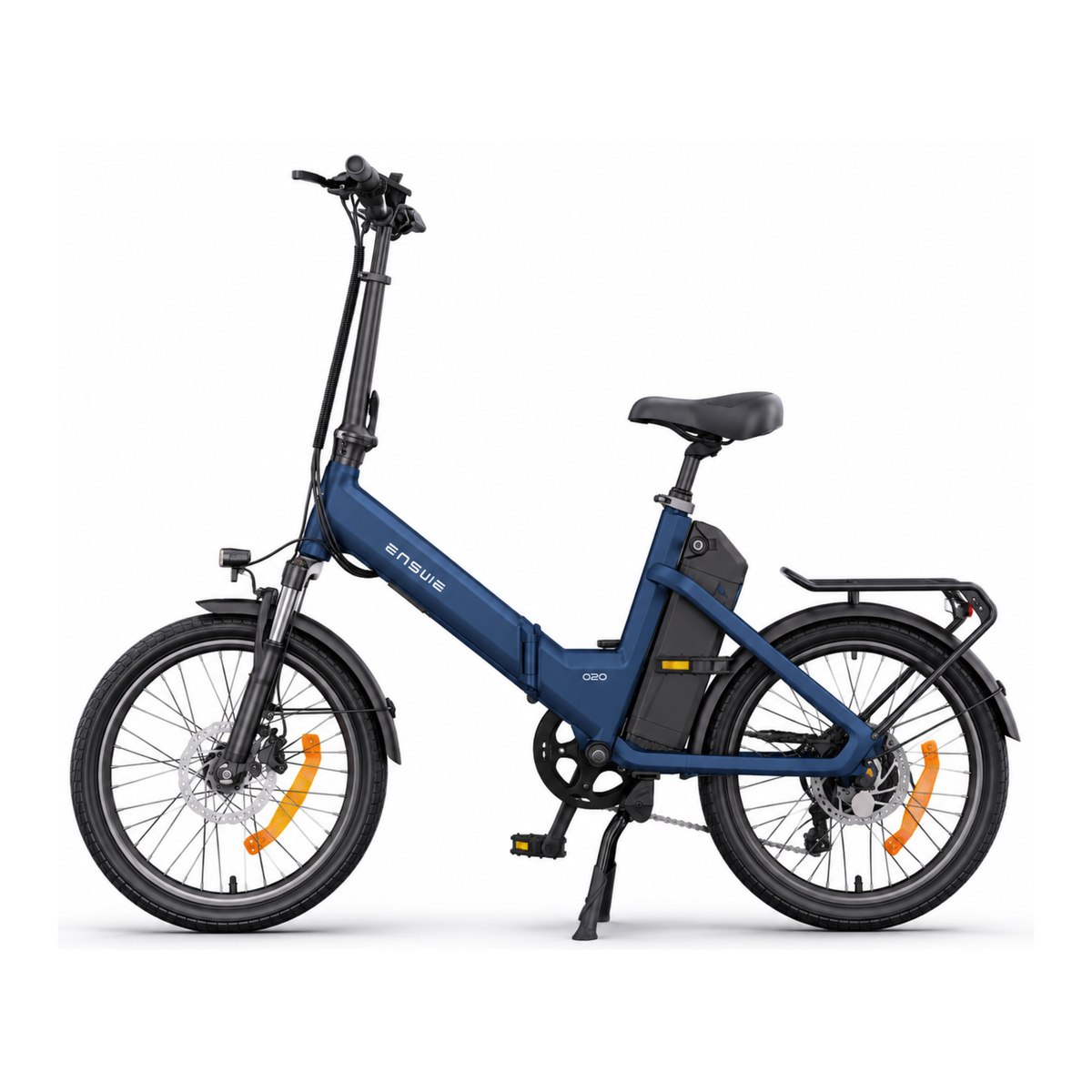 ENGWE O20 Boost electric bike, blue, side view with battery in the frame and rear rack