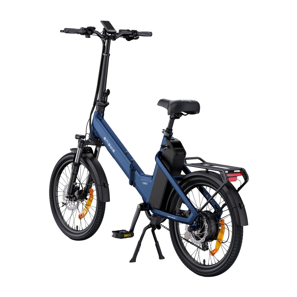 ENGWE O20 Boost, blue electric bike seen from behind at an angle with handlebar display, rear rack, rear light and kickstand