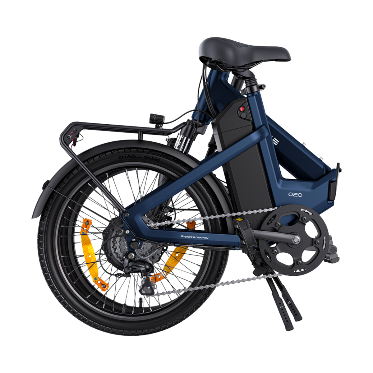 ENGWE O20 Boost folded, seen from the side and rear with rear rack, rear wheel and chain