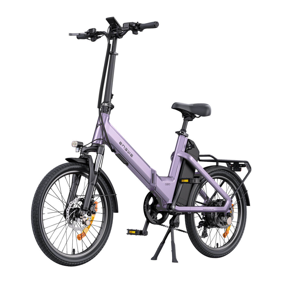 ENGWE O20 Boost electric bike in purple, whole bike seen from the front at an angle with rear rack and kickstand