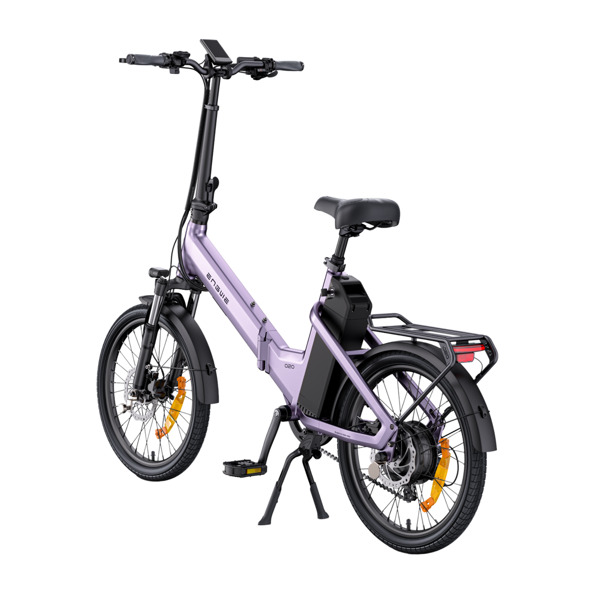 ENGWE O20 Boost purple electric bike seen from behind at an angle with battery, rear rack and kickstand