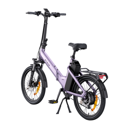 ENGWE O20 Boost purple electric bike seen from behind at an angle with battery, rear rack and kickstand