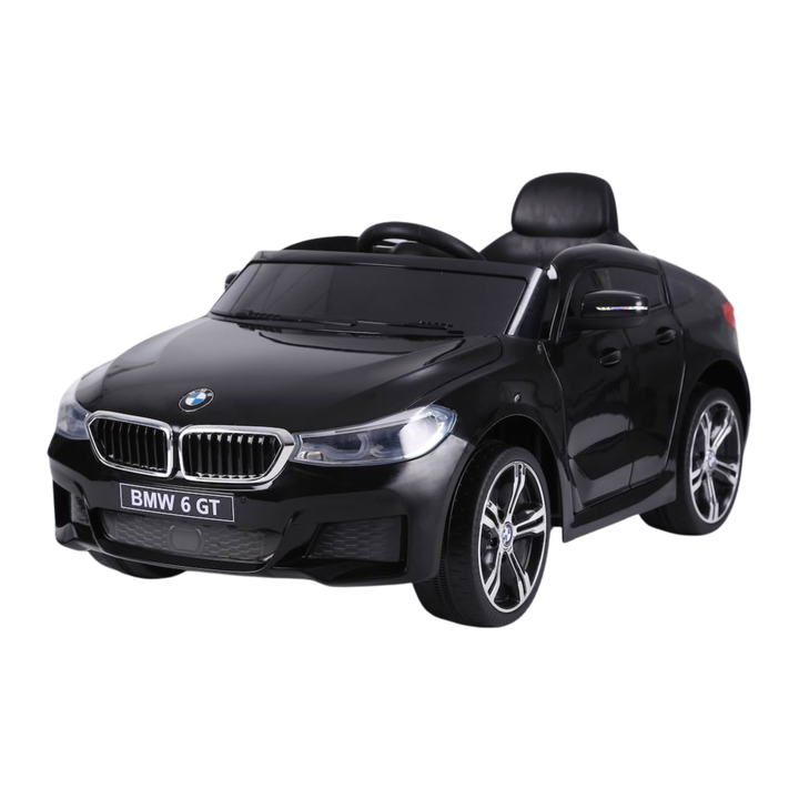 BMW 6GT electric ride-on car for kids, front three-quarter view in black