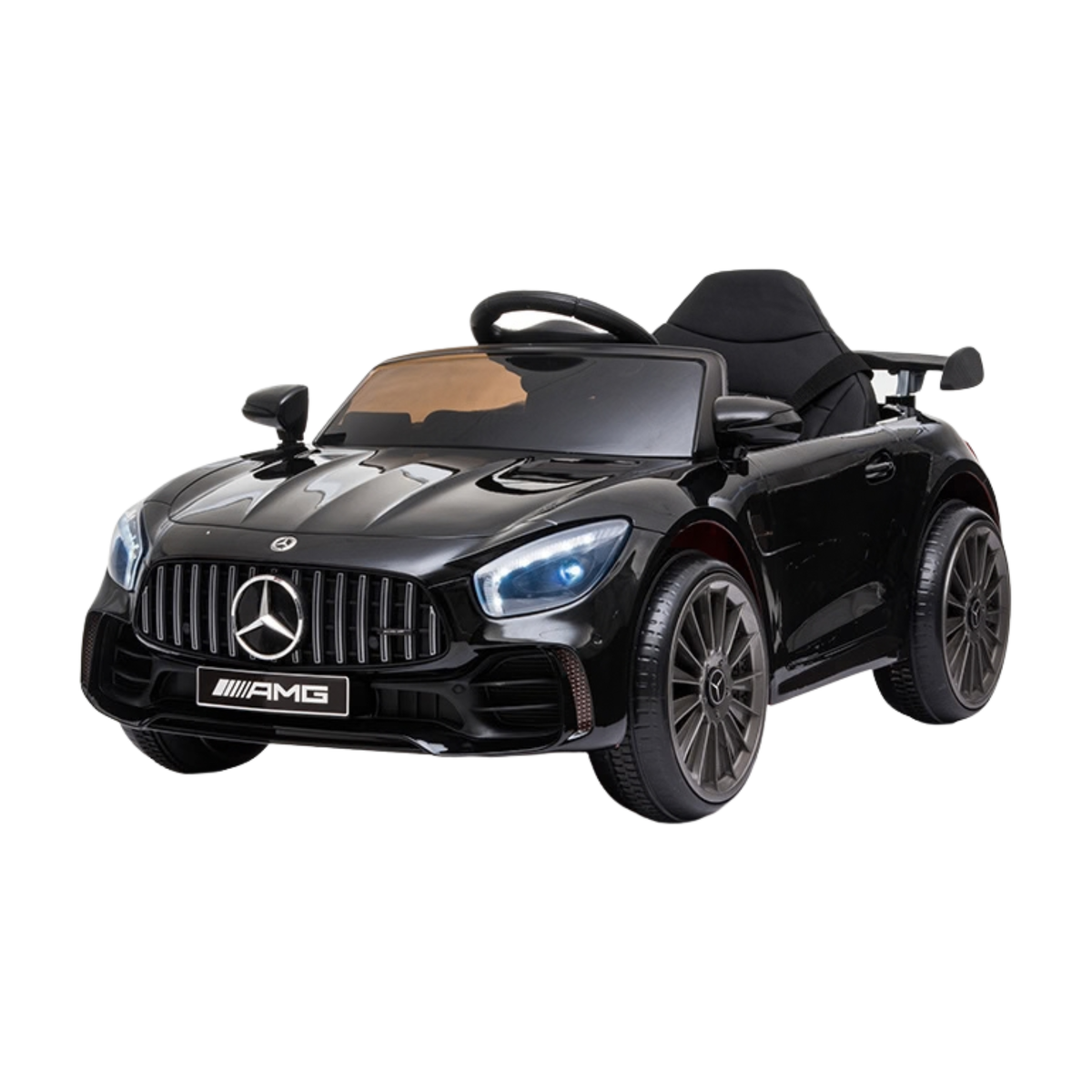 Mercedes AMG GT electric ride-on car for kids, front three-quarter view in black